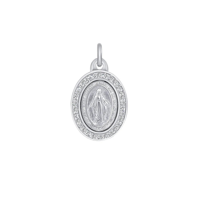 Silver 925 Rhodium Plated Swarovski Virgin Mary (Virgen Milagrosa) Pendant.
