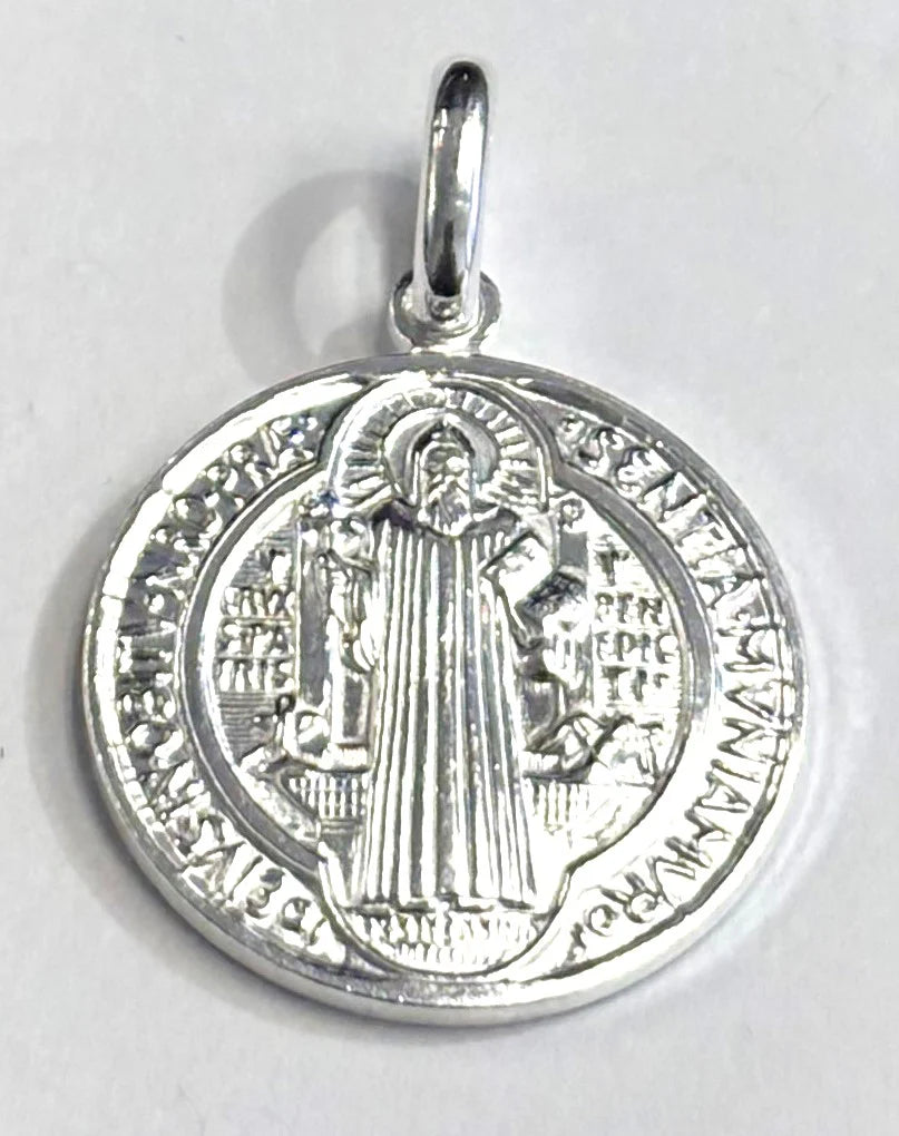 Silver 925 San Benito (Saint Benedict) Round Diamond Cut Pendant